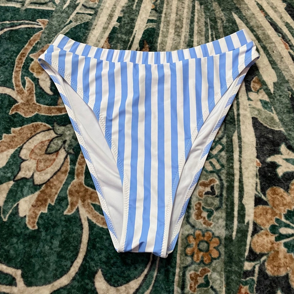 Blooming Jelly Bikini Bottom Womens Large Blue White Striped High Waist High Cut